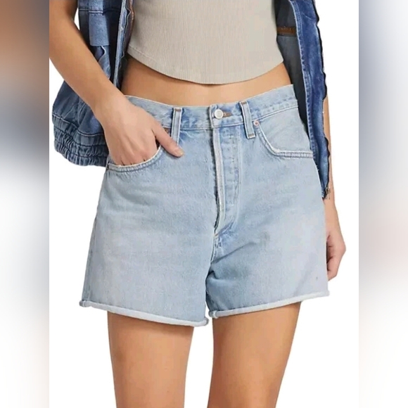 AGOLDE WOMEN'S DEE HIGH-RISE HAZARD DENIM SHORTS SIZE 32 NWT